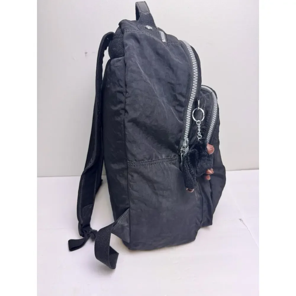 Kipling Seoul Backpack Black Tonal Nylon Laptop Bag w/ Monkey Keychain